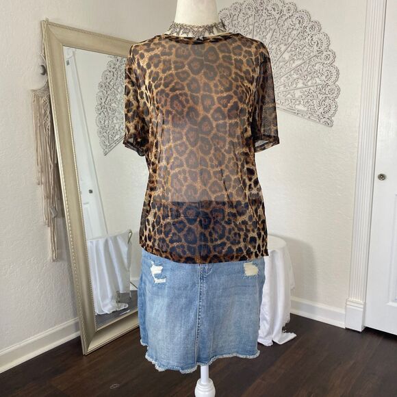Early 2000's Grunge Bratty Party Euro Sheer Animal Leopard Mesh Blouse Top L - Picture 3 of 9